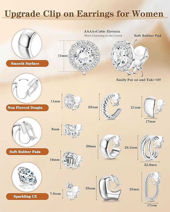 FIBO STEEL 10 Pairs Clip On Earrings for Women Non Pierced Ears CZ Pearl Knot Twist Chunky Hoop and Studs Earring Set Ear Clips Jewelry 14K Gold Plated