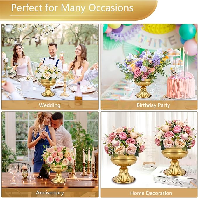Gold Compote Vases for Centerpieces: Wedding Flower Vase for Tables 6.5 Inch Small Metal Urn Pedestal Bowl for Party Anniversary Event Home Decor Set of 2