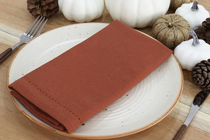 PurpleEssences Rust Set of 12 Hemstitch Cloth Dinner Napkins 100% Cotton - Soft Durable Washable - Ideal for Wedding Christmas Holiday Winter - Perfect Everyday Use Table Linen 18x18 - Rust