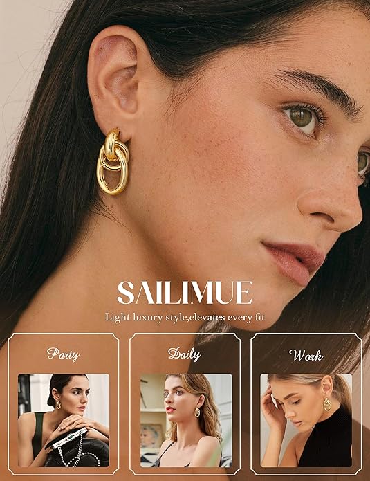 14K Gold Plated Knot Statement Earrings for Women Hypoallergenic Chunky Drop Dangle Earrings - Lightweight Fashion Accessories Gold Jewelry Gifts for Womens Trendy