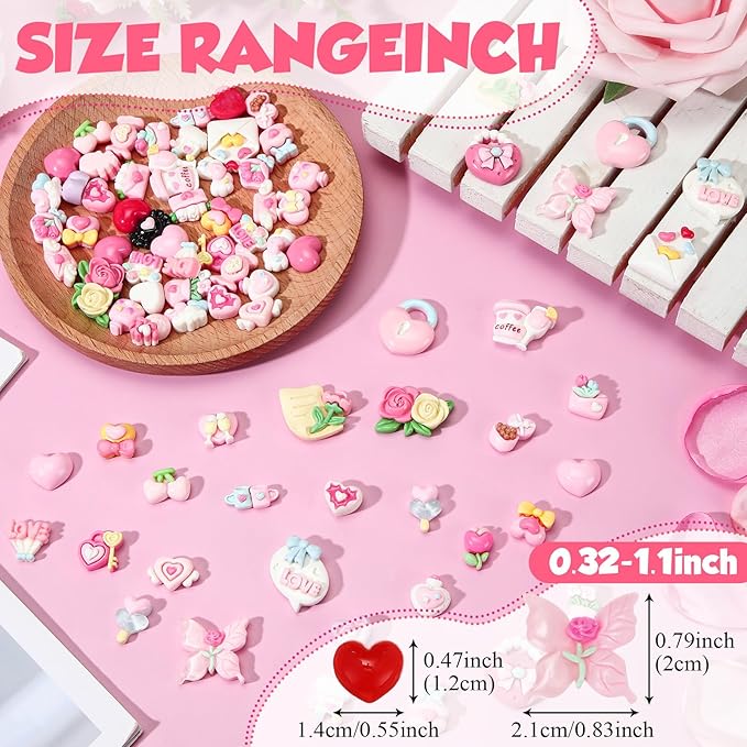 Giegxin 40 Pcs Pink Valentine's Day Resin Charm Love Heart Roses Bow Balloons Flatback Cabochon Accessories Cute Embellishment Bulk for Jewelry Cellphone Case Scrapbooking DIY