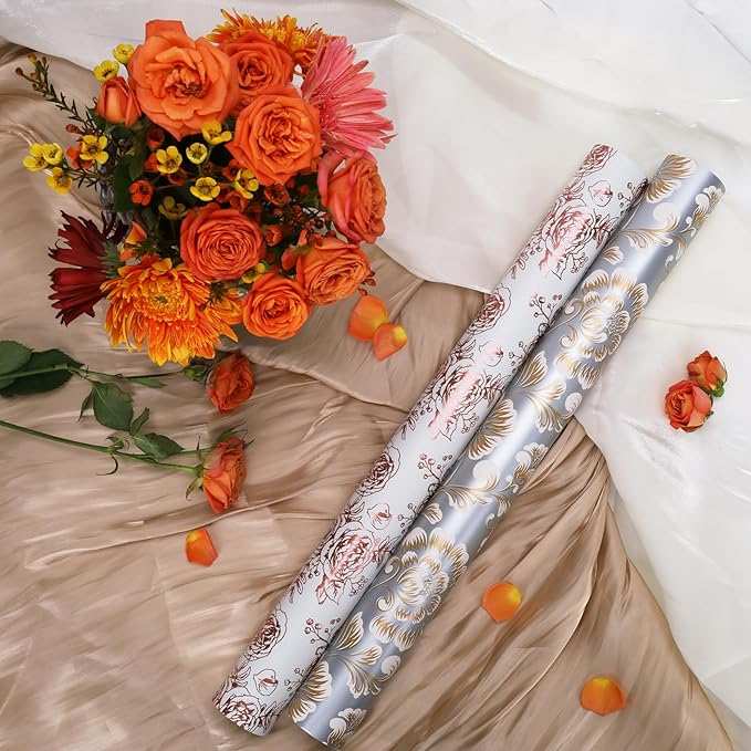 LaRibbons Reversible Floral Wrapping Paper Roll, 17Inch x 33 Feet (46.7 Sq. Ft) – Double-Sided Gold Peony Design for Wedding, Mother’s Day, Bridal Shower & Birthday