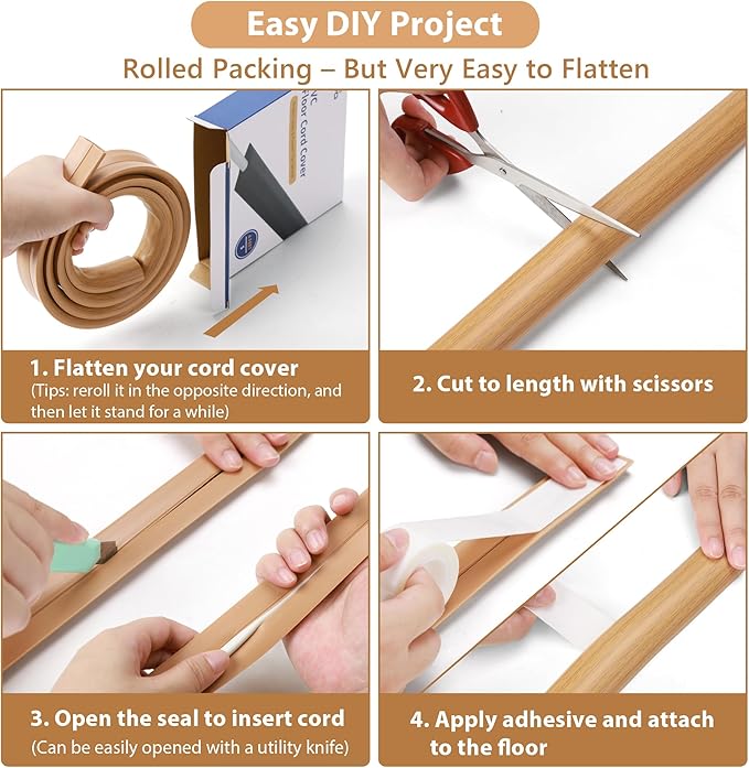 Floor Cord Cover 6ft, Cord Hider Floor Yellow Oak Wood, Floor Cable Management Prevent Cable Trips, Floor Cable Cover Wire Covers for Electric Power Cords, Cord Protector Cord Cavity W0.47in x H0.28in