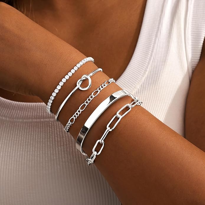 Gold Bracelets Set for Women Non Tarnish, 14K Gold Plated Sterling Silver Chunky Cuff Bracelet Stackable Gold Bangles Bracelet for Women Trendy Fashion Accessories Tie Knot Cuban Rope Paperclip Beaded Bracelet Stack Jewelry Valentines Day Gifts
