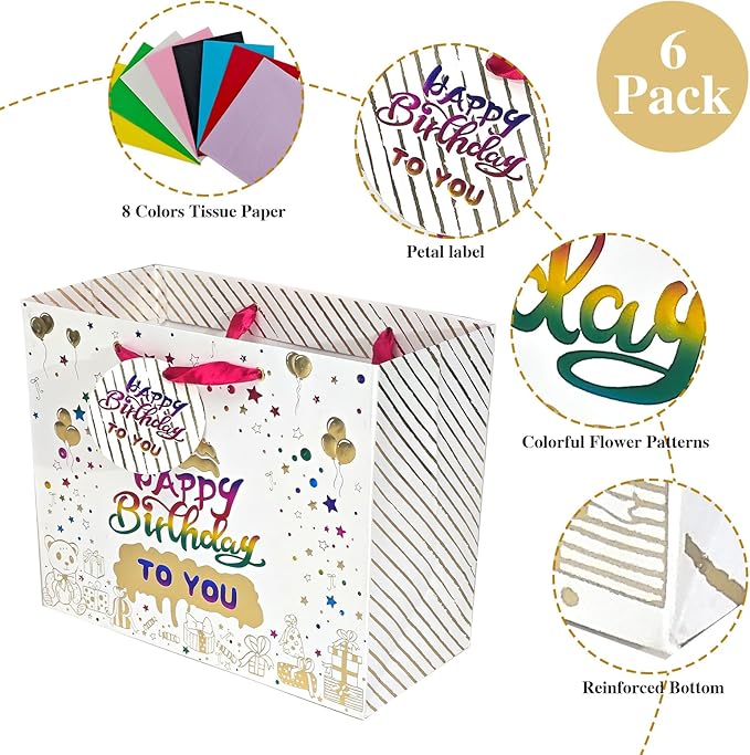 suosicn Birthday Gift Bag with Handle and Tissue Paper, Birthday Gift Bags Assorted Sizes 2 Small 8.3" 1 Medium 10.3" 1 Large 12.8" (4 Golden Birthday Cake Gift Bag)
