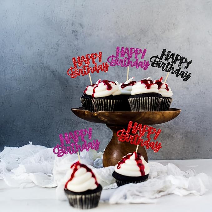 Gyufise 24Pcs Happy Birthday Cupcake Toppers Glitter Birthday Cupcake Food Picks for Celebrating Happy Halloween Theme Party Cake Decorations Supplies Black Purple Red