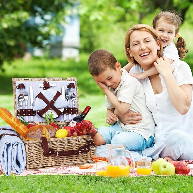 Picnic Baskets Wicker Willow Picnic Set for 4 Persons with Insulated Cooler Bag and Waterproof Picnic Blanket