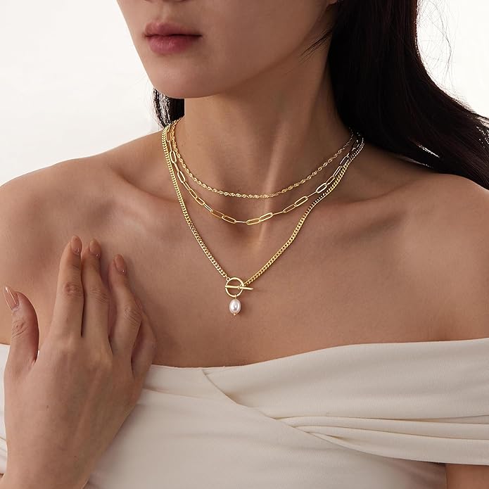 Layered Gold Necklaces for Women, Stackable Dainty 14K Gold Silver Plated Trendy Simple Heart Diamond Cross Bow Circle Pendant Paperclip Choker Dot Chain Necklace,Jewelry Set Gifts for Women