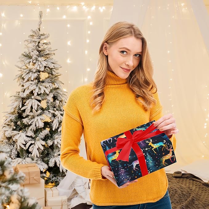 Vnaaem Chrismas Wrapping Paper Roll for Boys Kids Girls - Cute Rainbow Xmas Gift Wrap with Reindeer Trees Design for Holiday Winter Birthday DIY Craft Party(Total 28.5sq.ft)