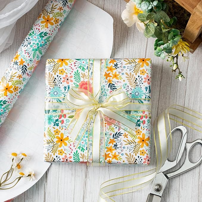 MAYPLUSS Floral Wrapping Paper Roll - 17Inch x 16.5Feet - Garden Boho Flower Gift Wrap Paper Spring Summer Blooms Paper for Wedding, Bridal Shower, Birthday and Engagement