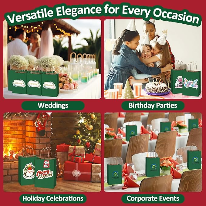 BagDream Forest Green Gift Bags with Handles Bulk 5.25x3x8 Inch 100Pcs Small Kraft Paper Bags for Christmas, Thanksgiving, Craft, Party Favors, Retail, Grocery, Recyclable