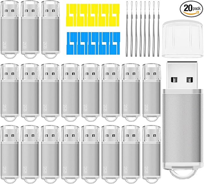 USB Thumb Drive 2GB Flash Drives 20 Pack, Nicepicten Memorias USB 2.0 Memory Stick Fat Flash Zip Drive 2 GB Jump Drives Multipack Pendrive with Landards and Lables (Sliver 2GB, 20 Pieces)