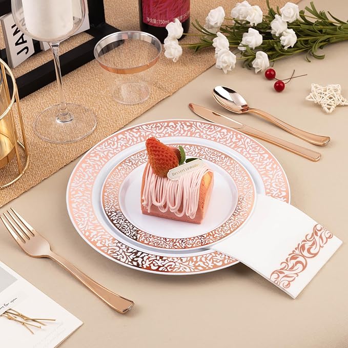 700PCS Rose Gold Plastic Dinnerware Set for 100 Guests, Disposable Plates for Party, Wedding, Include 100 Rose Dinner Plates, 100 Dessert Plates, 100 Set Silverware, 100 Cups, 100 Napkins