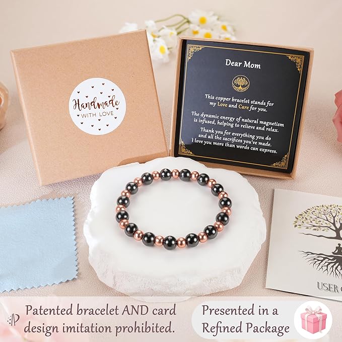 Mom Bracelet as Valentines Day Gifts for Mom, Copper Bracelet for Elderly, Dainty Copper Jewelry with 3800 Gauss Magnets, Stretch Bead Braclet Elderly Gifts Valentine Presents