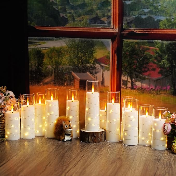 Flameless Candles with Embedded Star String, 12 Pcs Battery Operated LED Pillar Candles with Remote and Timer, Suitable for Home Decor, Party, Christmas & Wedding (White)
