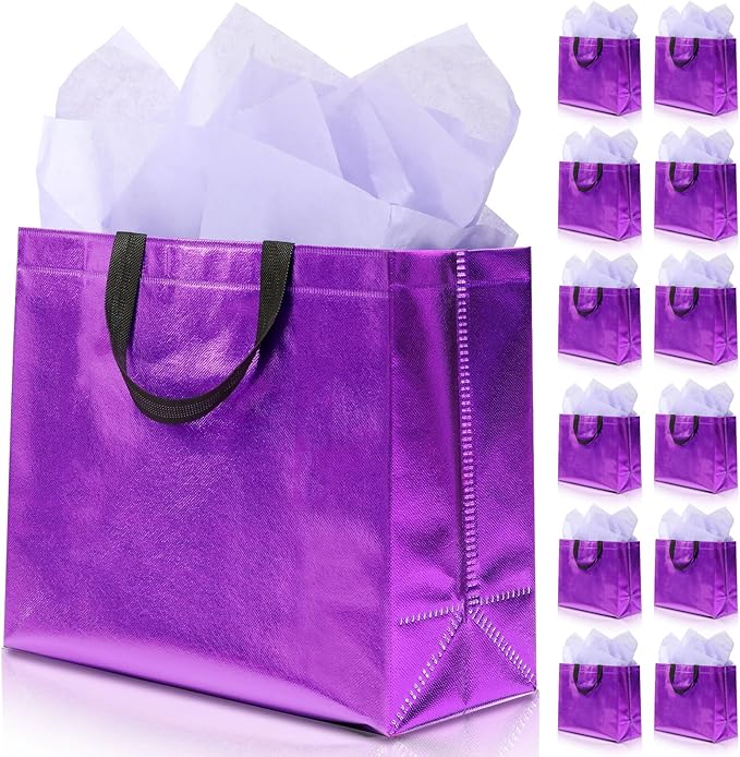 KeerxunBag 12Pcs Reusable Gift Bags（Includes Tissue Paper） Gift bag with handle Birthdays Parties Holidays Weddings Medium 13x5x11in Purple Gift Bags