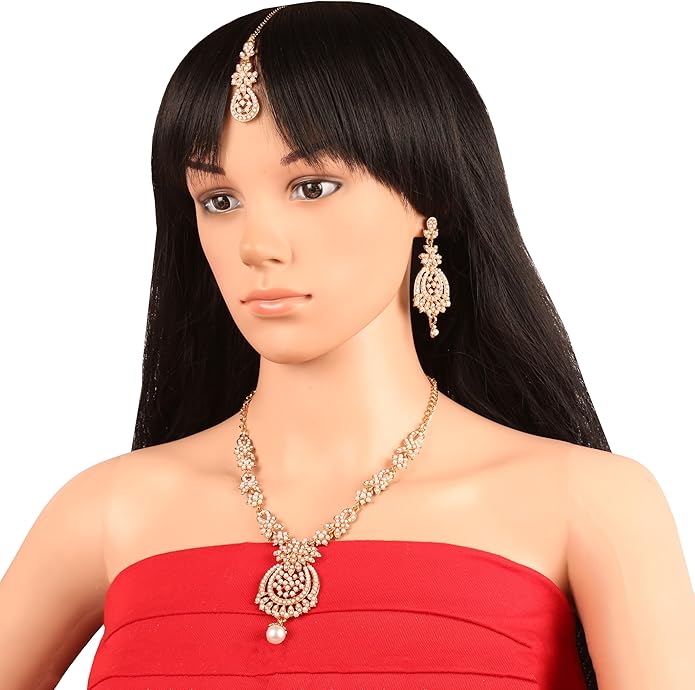 Touchstone Indian jewelry sets for women maang tikka wedding guest gold necklace bollywood jewellery set pageant elegant prom bride accessories western crystal chunky rhinestone necklaces