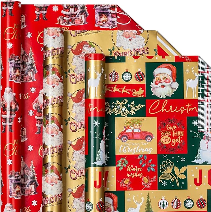 MAYPLUSS Reversible Christmas Wrapping Paper Rolls - 17" X 120" Per Roll - Classic Vintage Funky Red Santa Claus Wrap Present Paper for Festive Celebrations