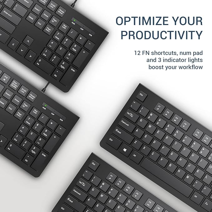 Computer Keyboard Wired, Plug Play USB Keyboard, Low Profile Chiclet Keys, Large Number Pad, Caps Indicators, Foldable Stands, Spill-Resistant, Anti-Wear Letters for PC Laptop (Black, 2-Pack)
