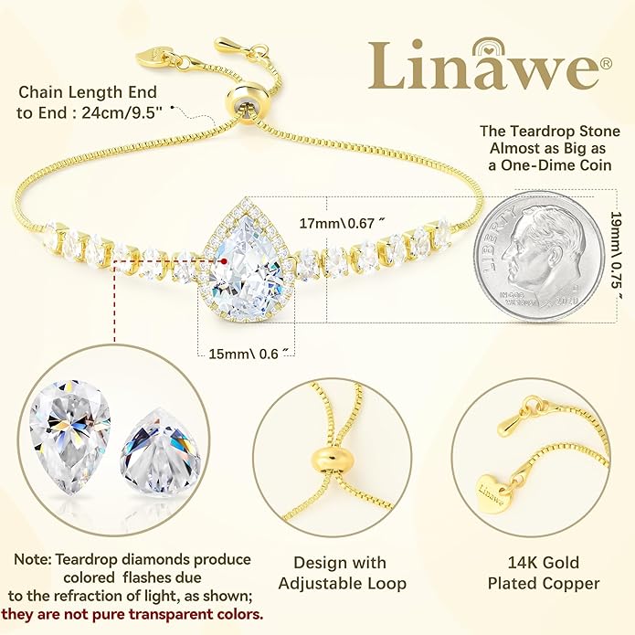 Linawe Crystal Imitation Diamond Rhinestone Charm Bracelets for Women, Gold/Silver/Rose Gold Adjustable Chain Bracelet, Teardrop Birthstone Cubic Zirconia Prom Costume Wedding Jewelry