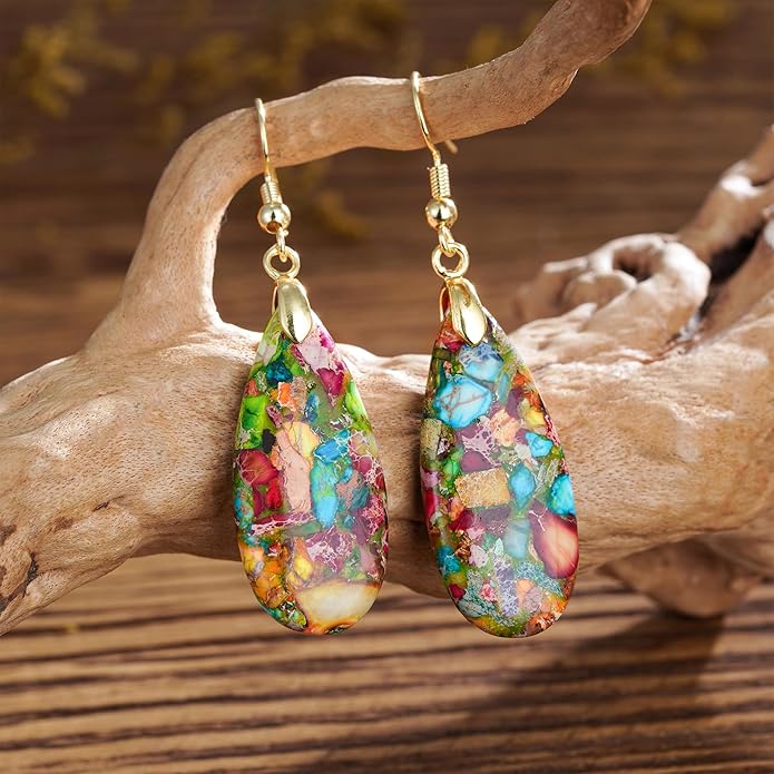 Boho Women Natural Stone Earrings Unique Healing Imperial Jasper Gemstone Energy Hypoallergenic Lightweight Dangle Drop Earrings Multiple Styles Earrings Jewelry for Birthday Party Gift