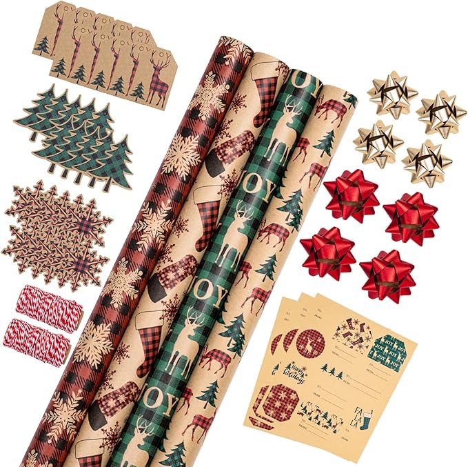 RUSPEPA Christmas Wrapping Paper Rolls with Tags, Jute String and Gift Wrap Bows - 30 inches x 10 feet per Roll, Total of 4 Rolls