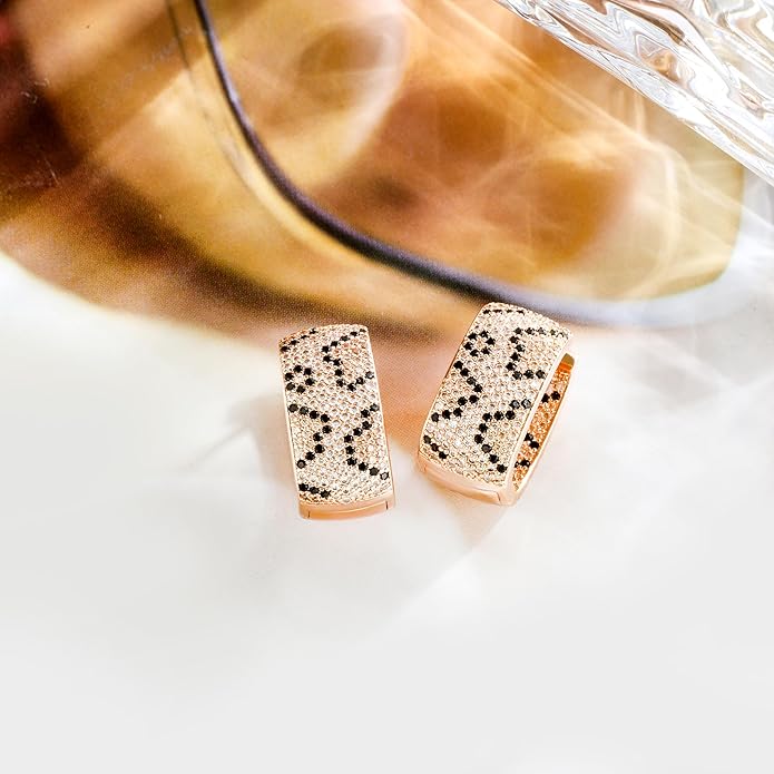 Rose Gold Hoop Earrings for Women, 925 Silver-Plated Thickened Hypoallergenic Earrings, CZ Black Gemstone-Inlaid Earrings - Women's Fashion Jewelry