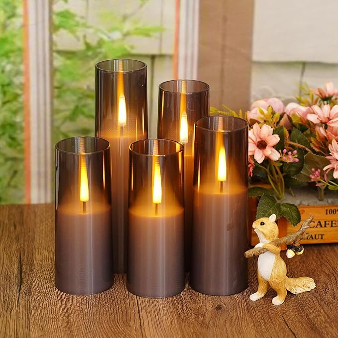 Flameless LED Candles, Battery Operated Upgraded Realistic 5 Pcs Flickering Flame Pillar Candles with Remote Timer, for Romantic Ambiance and Home Decoration (Grey)