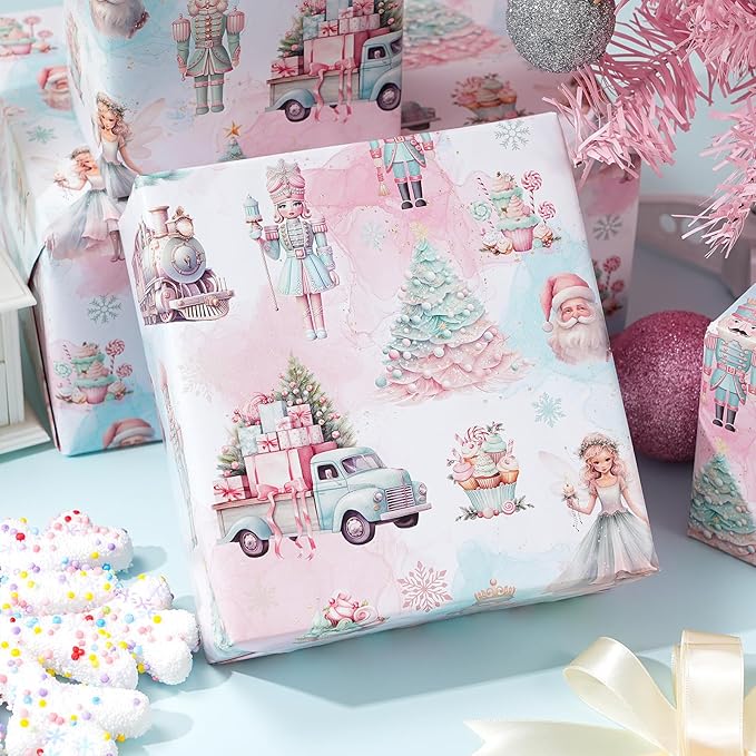 PlandRichW Nutcracker Christmas Wrapping Paper - Sweet Pastel Nutcracker Scene with Trees, Train & Angels - 40×28 Inch Xmas Gift Wrap, 4 Folded Sheets for Kids & Adults