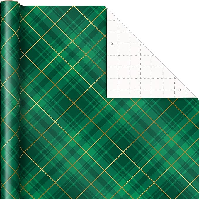 Hallmark Elegant Christmas Wrapping Paper with Cut Lines on Reverse (3 Rolls: 120 sq. ft. ttl) Gold Trees, Emerald Green Plaid, Gold Geometric Snowflakes