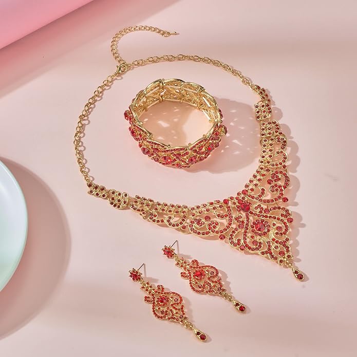 Silver Gold Plated Wedding Jewelry Sets Bridal Necklace Rhinestone Earrings Bracelets