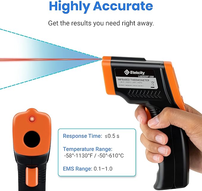 Etekcity Infrared Thermometer 1080, Heat Temperature Temp Gun for Cooking, Laser IR Surface Tool for Pizza Oven, Meat, Griddle, Grill, HVAC, Engine, Accessories, -58°F to 1130°F, Orange