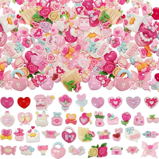 Giegxin 40 Pcs Pink Valentine's Day Resin Charm Love Heart Roses Bow Balloons Flatback Cabochon Accessories Cute Embellishment Bulk for Jewelry Cellphone Case Scrapbooking DIY
