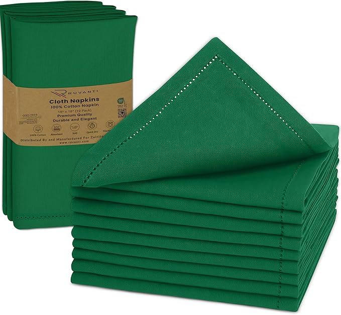 Ruvanti Cloth Napkins - 100% Cotton Dinner Napkins, Hem Stitched Corners, 18x18 Inch, 12 Pack - Soft, Absorbent, Durable, Reusable, Wrinkle Resistant for Formal Dining & Everyday Use - Amazon