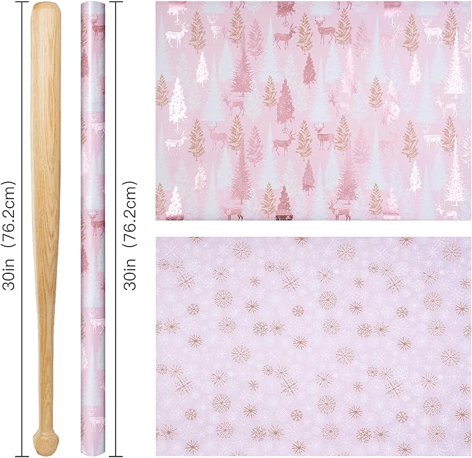 RUSPEPA 30" X 32.8' Reversible Christmas Wrapping Paper Large Paper Roll, Jumbo Roll, Rose Gold Foil Pink Reindeer and Tree Design, Snowflakes Gift Wrap for Girls, Women, Friends, Xmas Holiday Gifts