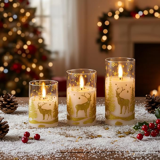 Amagic Christmas Flameless Candles with Remote and Timer, Glass Battery Operated Candles, Real Wax Electric LED Pillar Candles with Gold Deer for Thanksgiving Decor, Set of 3