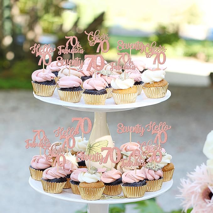 30PCS Happy 70th Birthday Cupcake Toppers Glitter Hello 70 Fabulous Seventy Cheers to 70 Years Old Birthday Cupcake Picks for Happy 70th Birthday Anniversary Party Cake Decorations Supplies Rose Gold