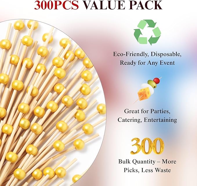 CATIFLIN 300PCS Gold Pearl Cocktail Picks, 4.7" Bamboo Toothpicks for Appetizers, Fancy Food Sticks for Party, Wedding, Charcuterie, Fruit, Dessert, Drinks, Buffet Decor