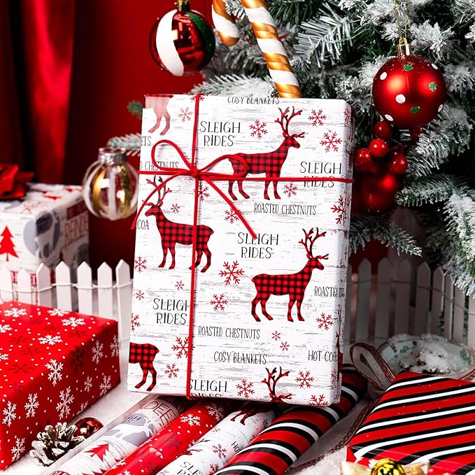 MAYPLUSS Christmas Wrapping Paper Jumbo Rolls with Gridlines - 30IN X 120IN - 4 Roll - Christmas Tree Snowflakes Reindeer Stripe for New Year Holiday Party Kids