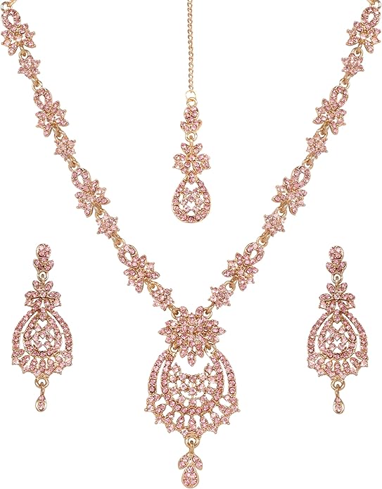 Touchstone Indian jewelry sets for women maang tikka wedding guest gold necklace bollywood jewellery set pageant elegant prom bride accessories western crystal chunky rhinestone necklaces