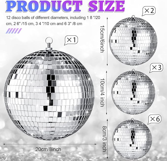 Libima 12 Pack Large Christmas Disco Ball Decoration Different Sizes Silver Mirror Hang Disco Ball Ornaments for Christmas Tree Birthday Wedding Holiday Party Favors Prom Props(8'', 6'', 4'', 3'')