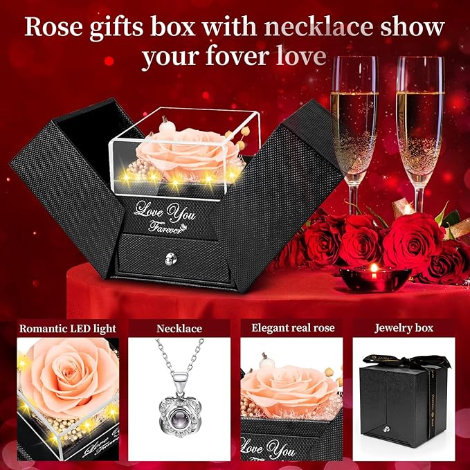 Preserved Red Champagne Real Rose with Heart I Love You Necklace -Eternal Flowers Rose Birthday Gifts for Women Her Mom Wife Girlfriend Grandma on Valentines Mothers Day Christmas Anniversary
