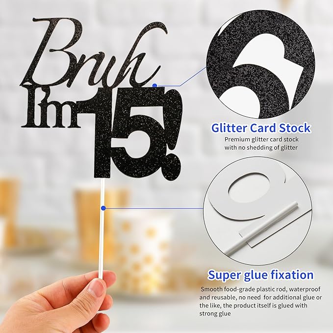 Bruh I'm 15 Cake Topper - Black Glitter Happy 15th Birthday Decorations for Boys Teens, Funny 15 Year Old Party Supplies, Bro I'm 15 Cake Decor (Bruh I'm 15！, 15th black)