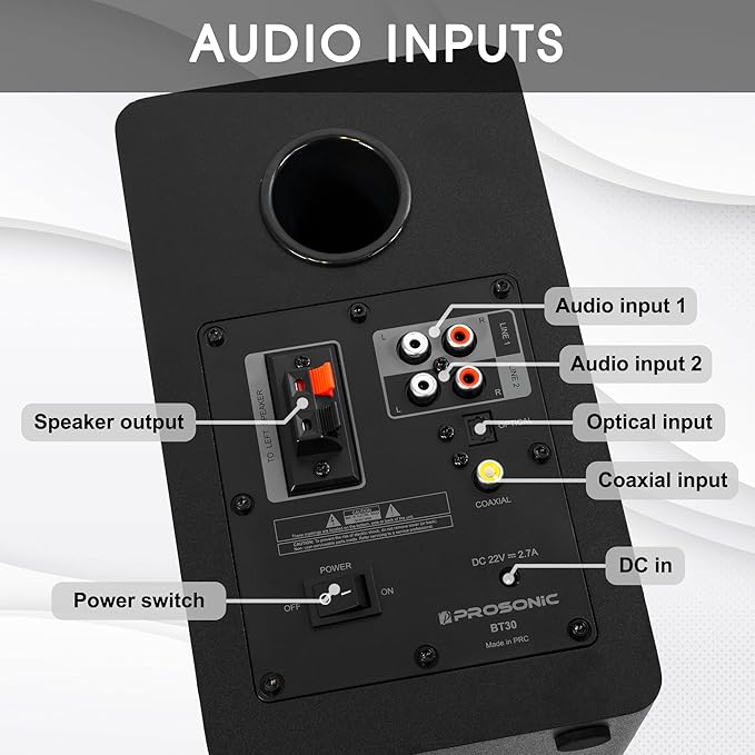 Prosonic BT30(2023 Version) Active Powered Bluetooth Bookshelf Speakers, Studio Monitor, Home Theater, Turntable with Optical Input, Coaxial Input, 2X RCA Aux Line Input, 80 Watts, (Black)
