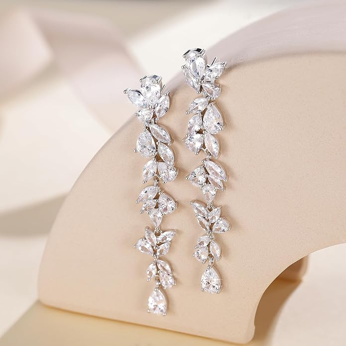 EAMTI Silver Dangle Earrings for Women Cubic Zirconia Marquise Bridal Wedding Earrings 925 Sterling Silver Post Engagement Earring