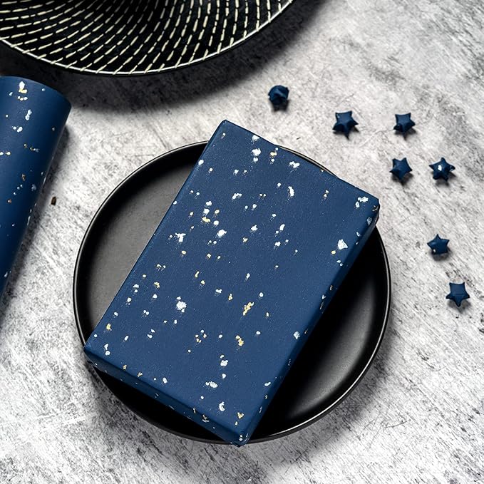 WRAPAHOLIC Navy Blue Wrapping Paper Roll - Mini Roll - 17 Inch x 16.5 Feet - Navy Blue Gold Design with Silky Touch Perfect for Birthday, Wedding, Baby Shower, Holiday