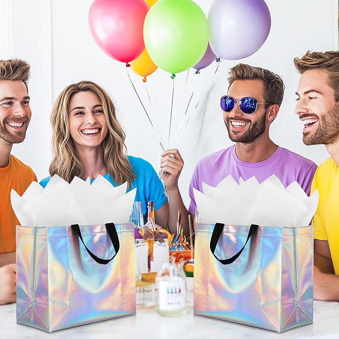 KeerxunBag 12Pcs Reusable Gift Bags（Includes Tissue Paper） Gift bag with handle Birthdays Parties Holidays Weddings Medium 13x5x11in Rainbow Color Gift Bags
