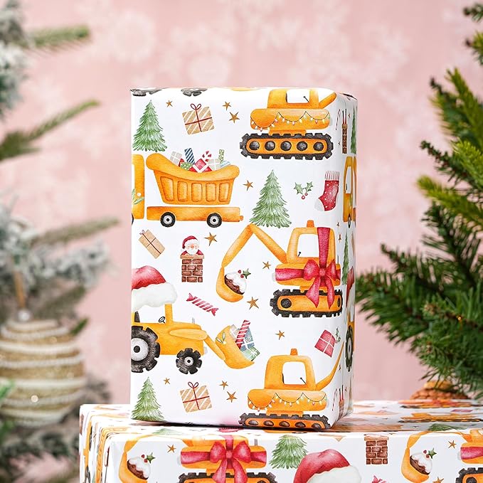 PlandRichW Construction Christmas Wrapping Paper - Cute santa with Hat Trucks, Cranes, Excavators & Xmas Trees - 40×28 Inch Xmas Gift Wrap, 4 Folded Sheets for Kids & Adults