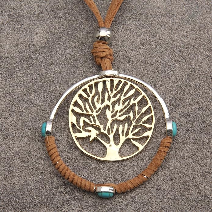 GelConnie Boho Necklaces for Women Vintage Silver Circles Long Pendant Necklace Cowgirl Sweater Necklace Adjustable Leather Choker Necklace for Women
