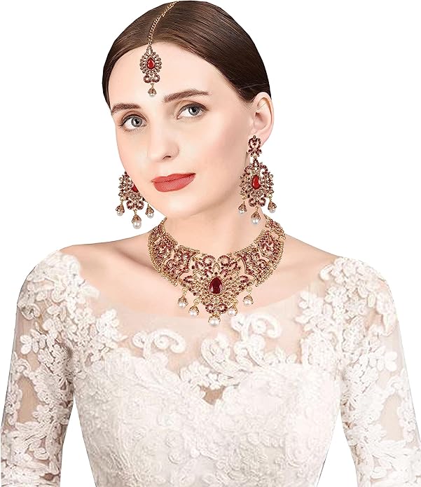 Touchstone Indian jewelry sets for women tikka wedding necklace costume guest statement bollywood rhinestones crystal faux pearls gold big royal neck piece set bridal fashion accessories